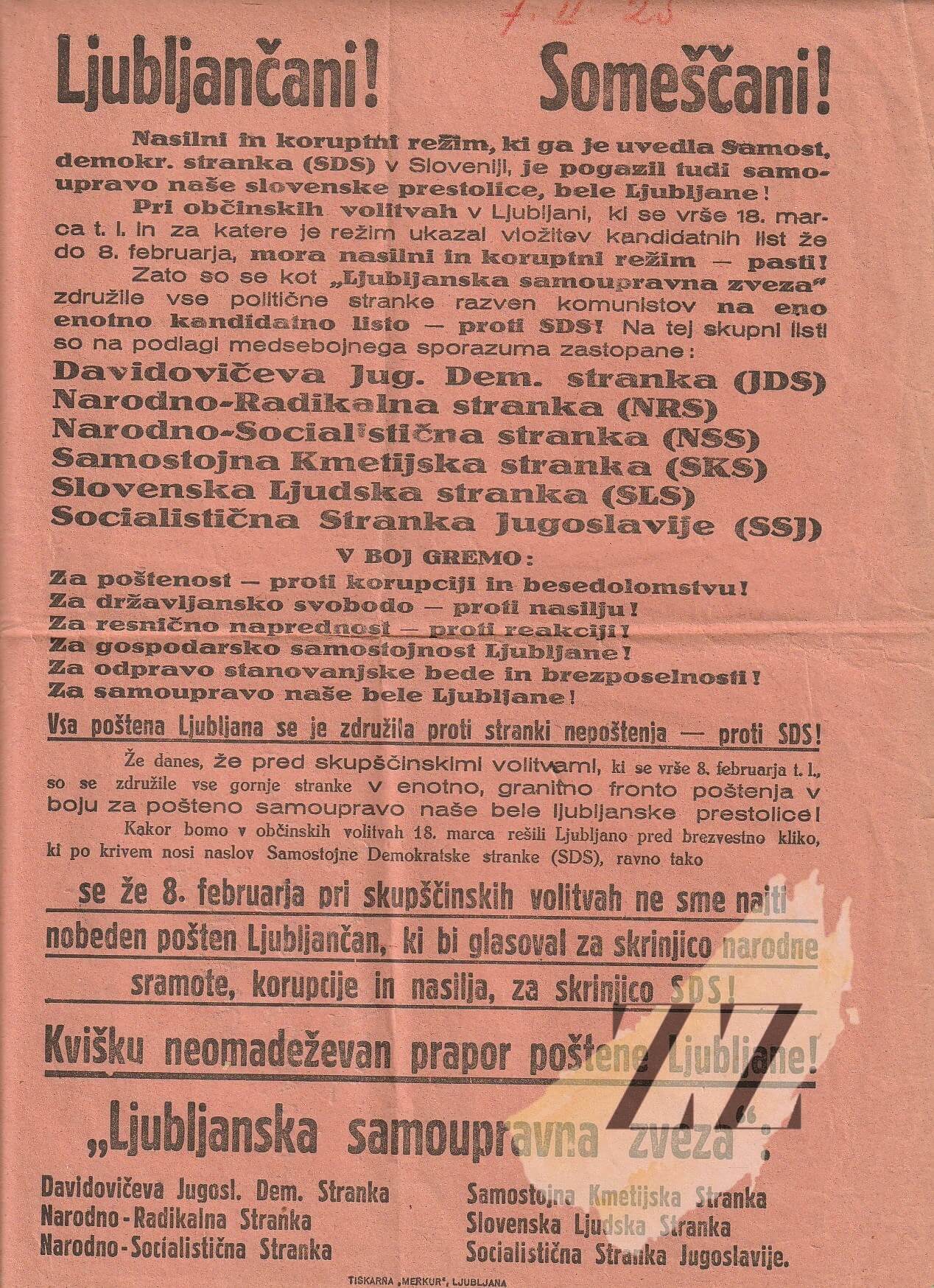 Letak lokalne samoupravne zveze – volitve za narodno skupščino 1925 Knjige in Stari tiski Letak lokalne samoupravne zveze - volitve za narodno skupščino 1925