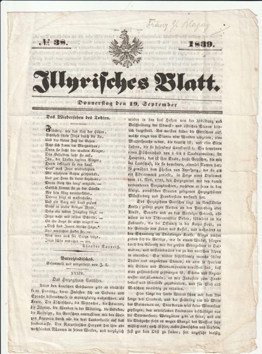 Časopis – Illyrisches Blatt št. 38 September 1839 Časopisi Časopis - Illyrisches Blatt št. 38 September 1839