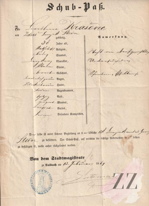Odgonski potni list Ljubljana (Laibach) – Kamnik (Stein) 1867 Dokumenti, Avtogrami in Pisma Odgonski potni list Ljubljana (Laibach) – Kamnik (Stein) 1867 Dokumenti, Avtogrami in Pisma