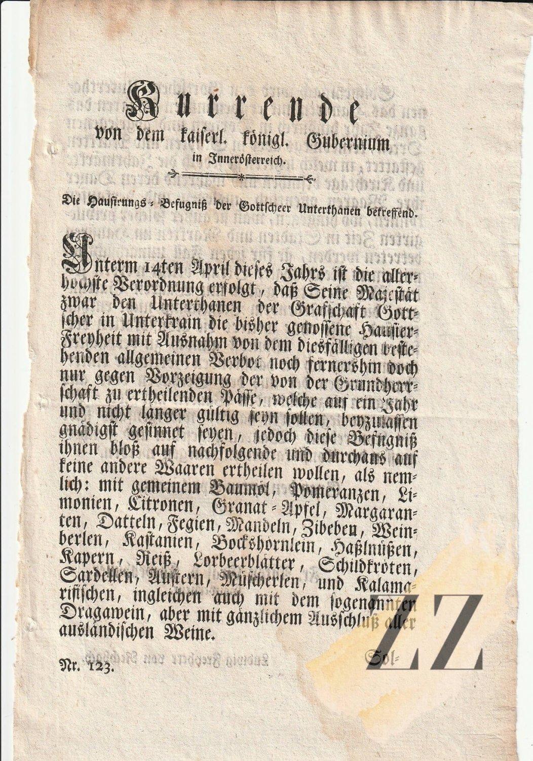 Razglas dovolitev Kočevcev za krošnjarjenje s pridelki -1785 Dokumenti, Avtogrami in Pisma Razglas dovolitev Kočevcev za krošnjarjenje s pridelki -1785 Dokumenti, Avtogrami in Pisma