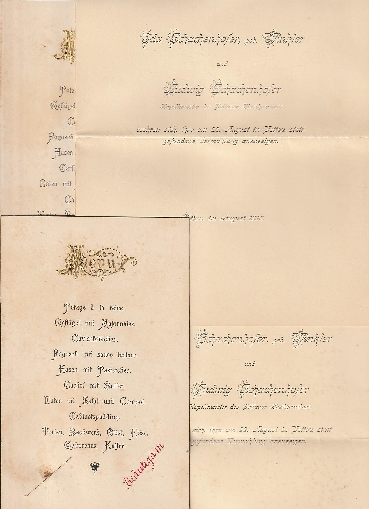 Ptuj: Vabila na praznovanje poroke ter meni; Pettauer Musikvereins, 1898. Dokumenti, Avtogrami in Pisma Ptuj: Vabila na praznovanje poroke ter meni; Pettauer Musikvereins, 1898. Dokumenti, Avtogrami in Pisma