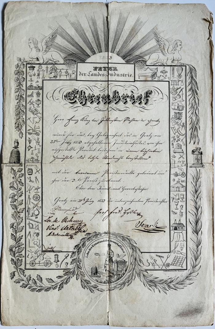 Franz Kurz zum Thurn und Goldenstein: Diploma za tretje mesto na razstavi, 1833 Dokumenti, Avtogrami in Pisma Franz Kurz zum Thurn und Goldenstein: Diploma za tretje mesto na razstavi, 1833 Dokumenti, Avtogrami in Pisma