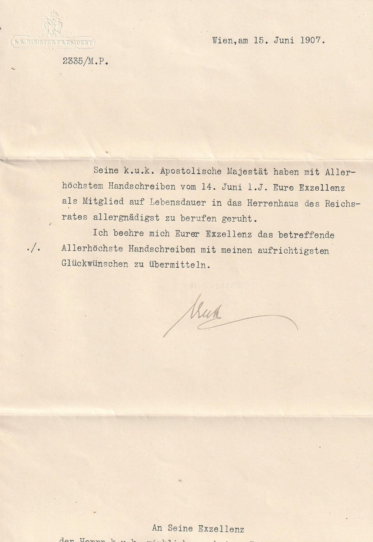 Jožef Švegel (Schwegel): pismo cesar Franc Jožef I s podpisom, ter pismo predsednika vlade Dokumenti, Avtogrami in Pisma Jožef Švegel (Schwegel): pismo cesar Franc Jožef I s podpisom, ter pismo predsednika vlade Dokumenti, Avtogrami in Pisma