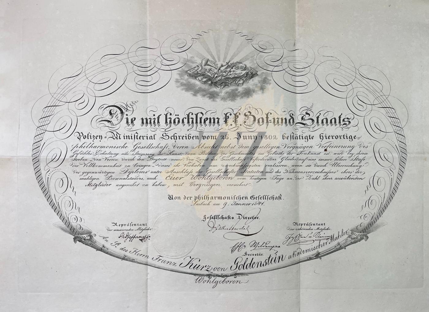 Diploma za člana filharmonične družbe: Franz Kurz von Goldenstein, Laibach 1841 Dokumenti, Avtogrami in Pisma Diploma za člana filharmonične družbe: Franz Kurz von Goldenstein, Laibach 1841 Dokumenti, Avtogrami in Pisma