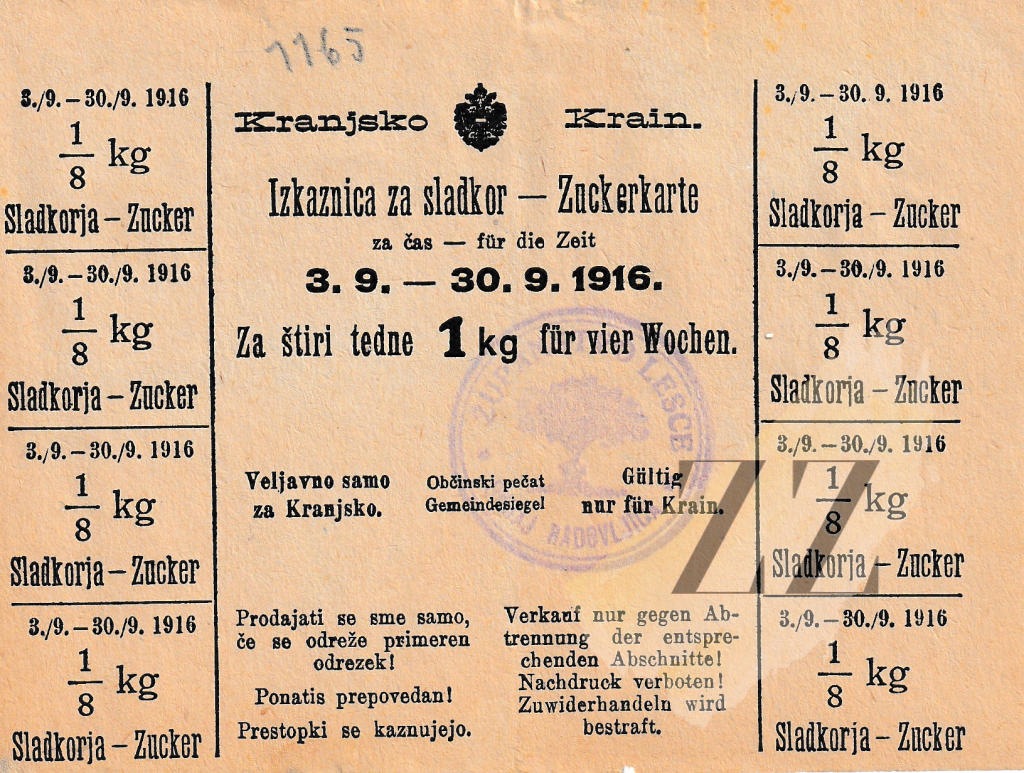 Izkaznica za sladkor, Lesce, 1916 Knjige in Stari tiski Izkaznica za sladkor, Lesce, 1916