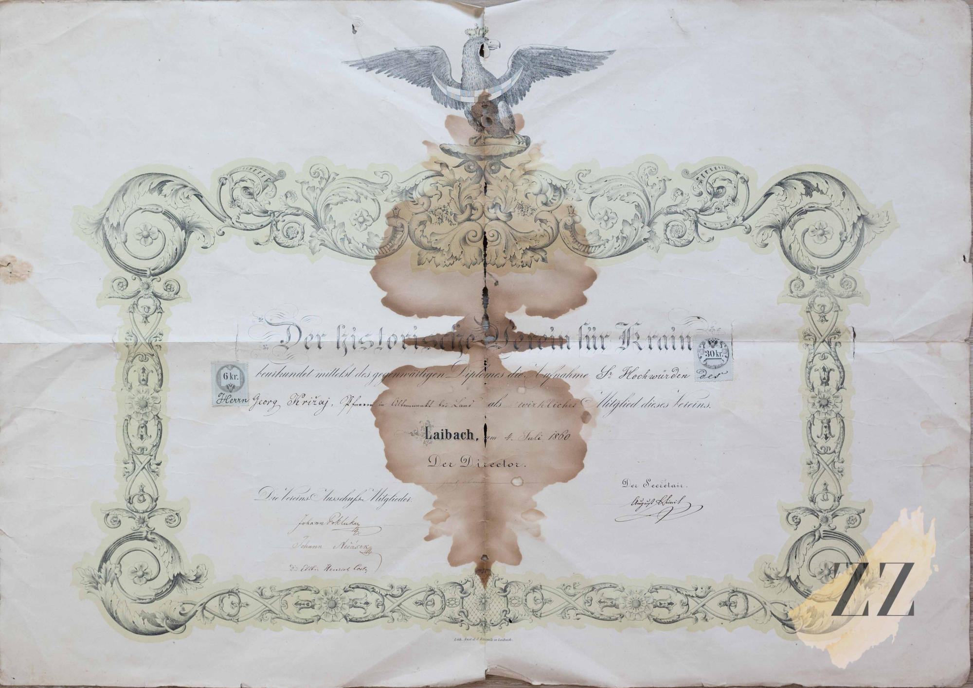 Diploma: Historično društvo za Kranjsko, 1860 Dokumenti, Avtogrami in Pisma Diploma: Historično društvo za Kranjsko, 1860 Dokumenti, Avtogrami in Pisma
