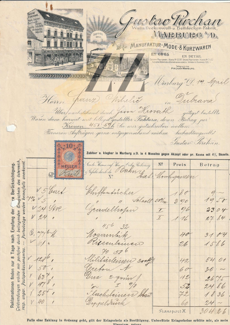 Maribor: faktura Gustav Pirchan, 1910 Dokumenti, Avtogrami in Pisma Maribor: faktura Gustav Pirchan, 1910 Dokumenti, Avtogrami in Pisma