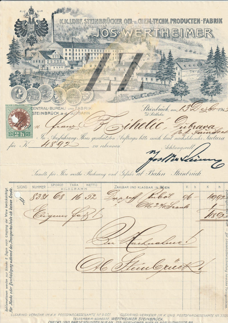 Zidani Most: faktura Josip Wertheimer, 1913 Dokumenti, Avtogrami in Pisma Zidani Most: faktura Josip Wertheimer, 1913 Dokumenti, Avtogrami in Pisma