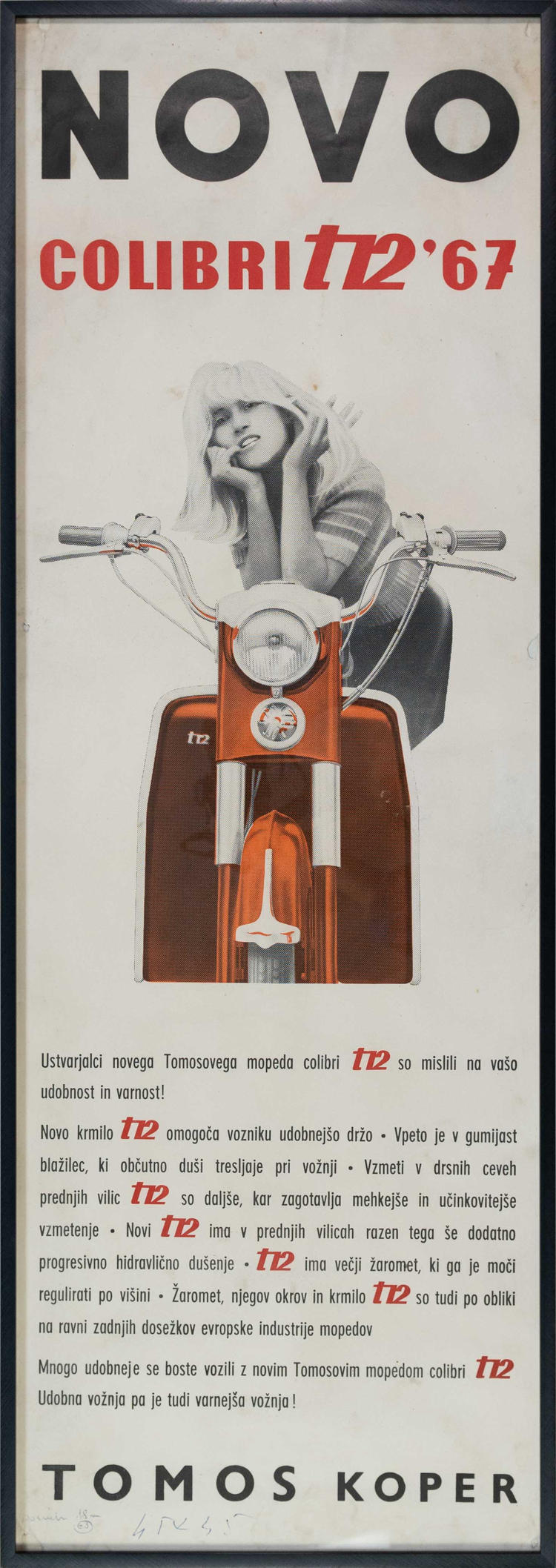 Plakat: TOMOS Colibri T12, 1967, okvirjen Plakati Plakat: TOMOS Colibri T12, 1967, okvirjen