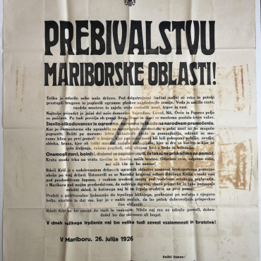 Maribor: Razglas prebivalstvu mariborske oblasti, poplave 1926