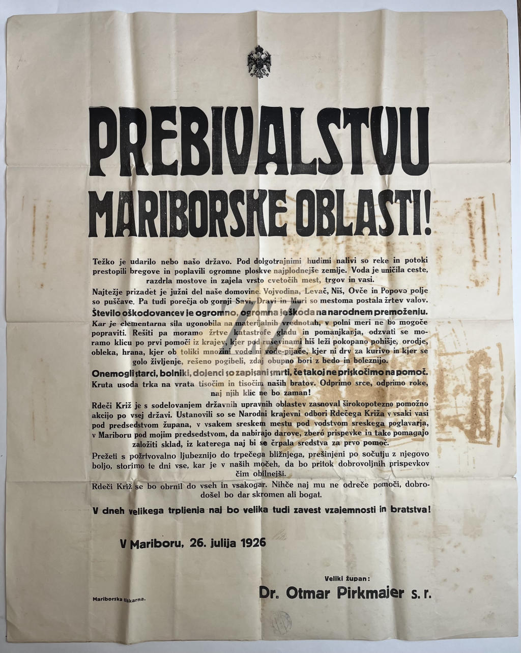 Maribor: Razglas prebivalstvu mariborske oblasti, poplave 1926 Plakati Maribor: Razglas prebivalstvu mariborske oblasti, poplave 1926