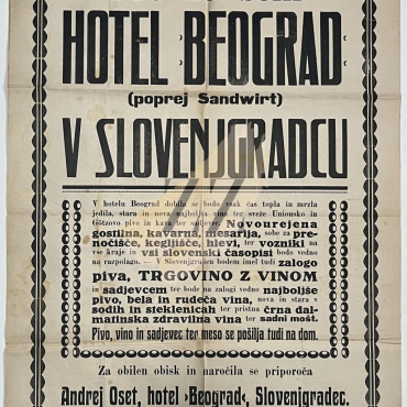 Slovenj Gradec: Hotel Beograd, otvoritev 1919, plakat