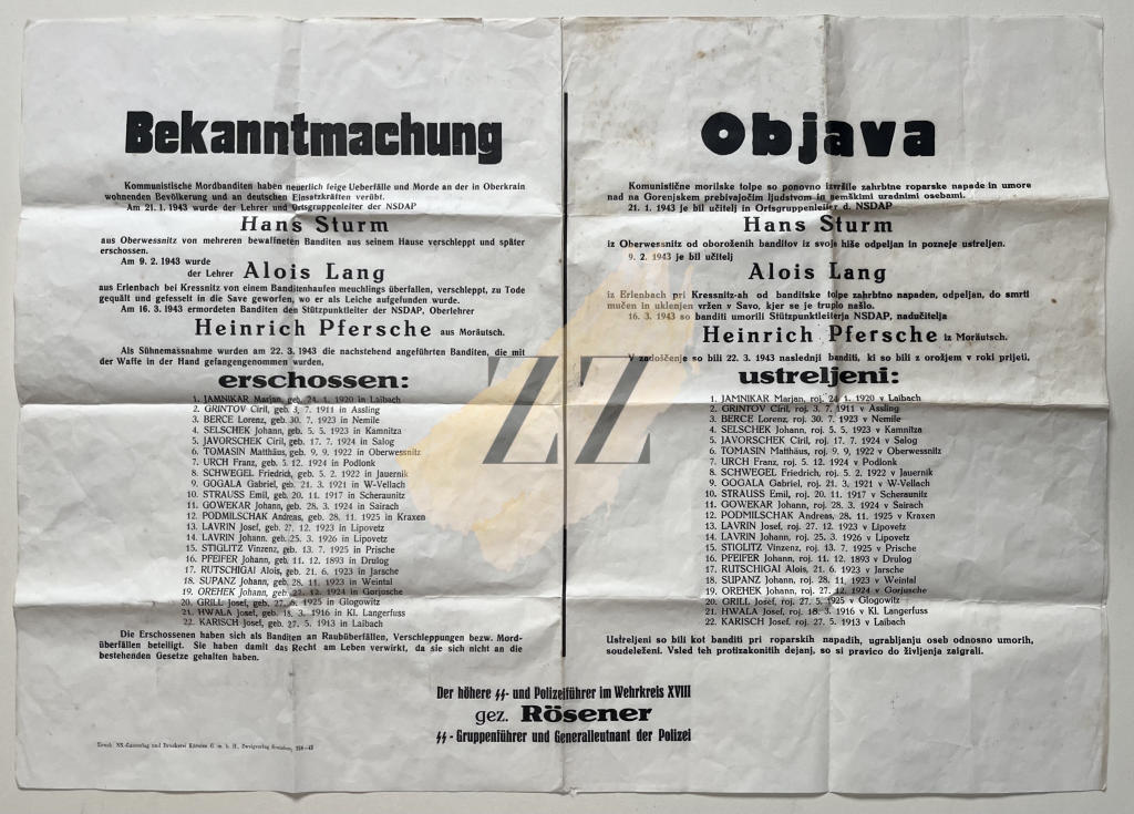 Gorenjska, Zgornja Besnica: Razglas – usmrtitev talcev, SS Erwin Rösener, 1942 Druga svetovna vojna Gorenjska, Zgornja Besnica: Razglas – usmrtitev talcev, SS Erwin Rösener, 1942